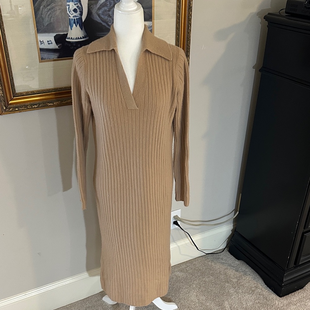 Elegant Tan Ribbed Knit Dress by Elie Tahari